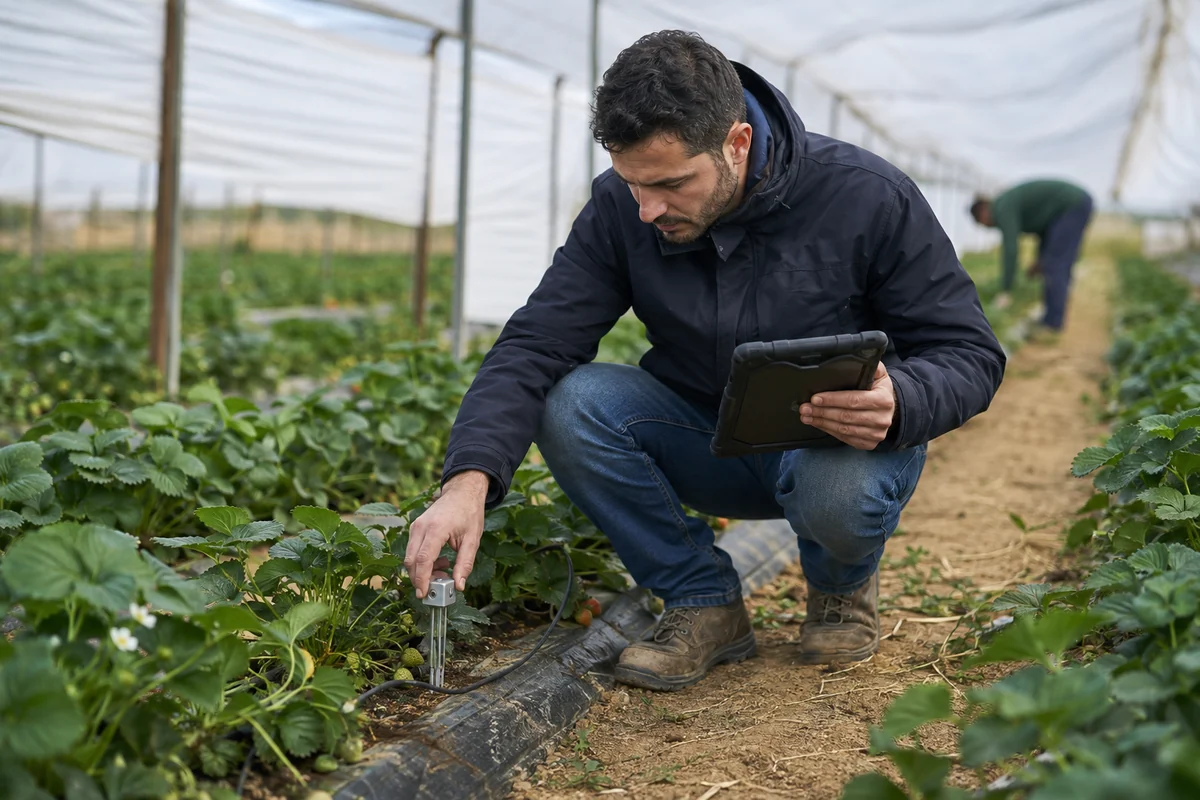 Técnico de Masiá Ciscar supervisando un cultivo de fresón con tecnología agrícola